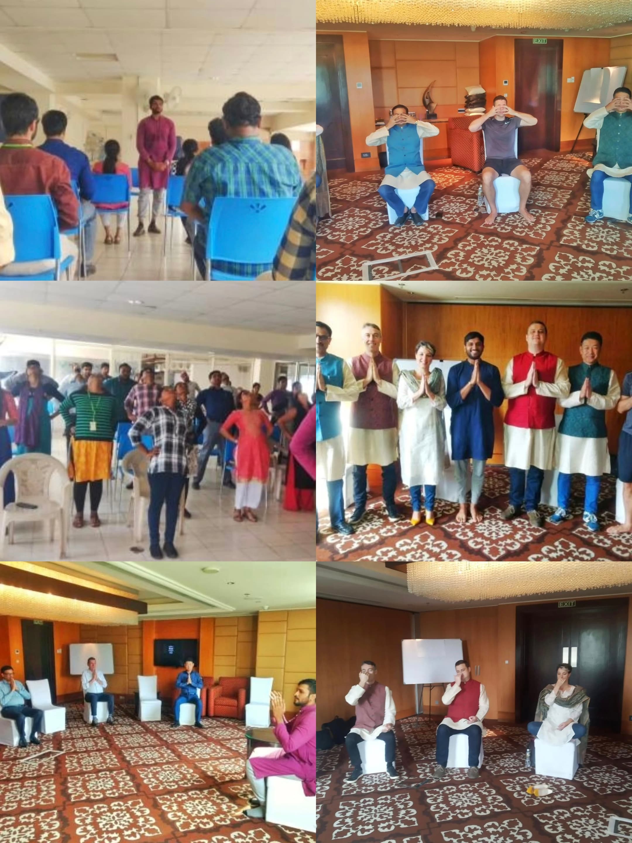 A collage of corporate wellbeing sessions held across different workplaces and years