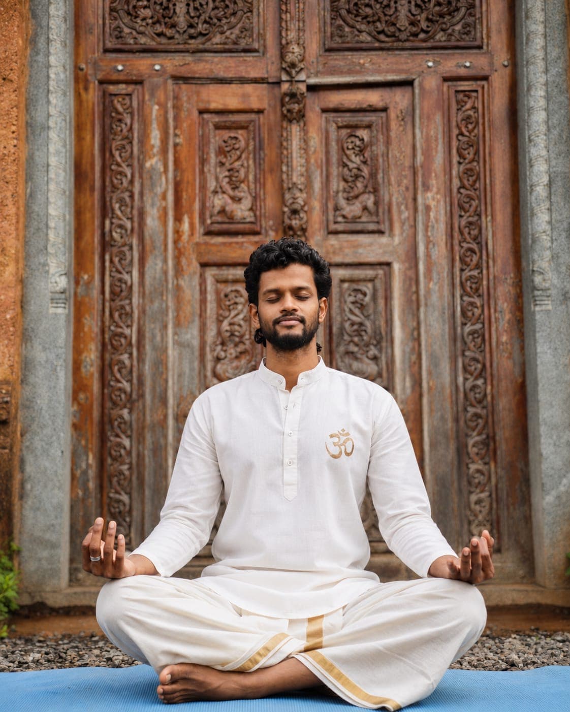 Midhun Krishna meditating in front of an ornate wooden doorway
